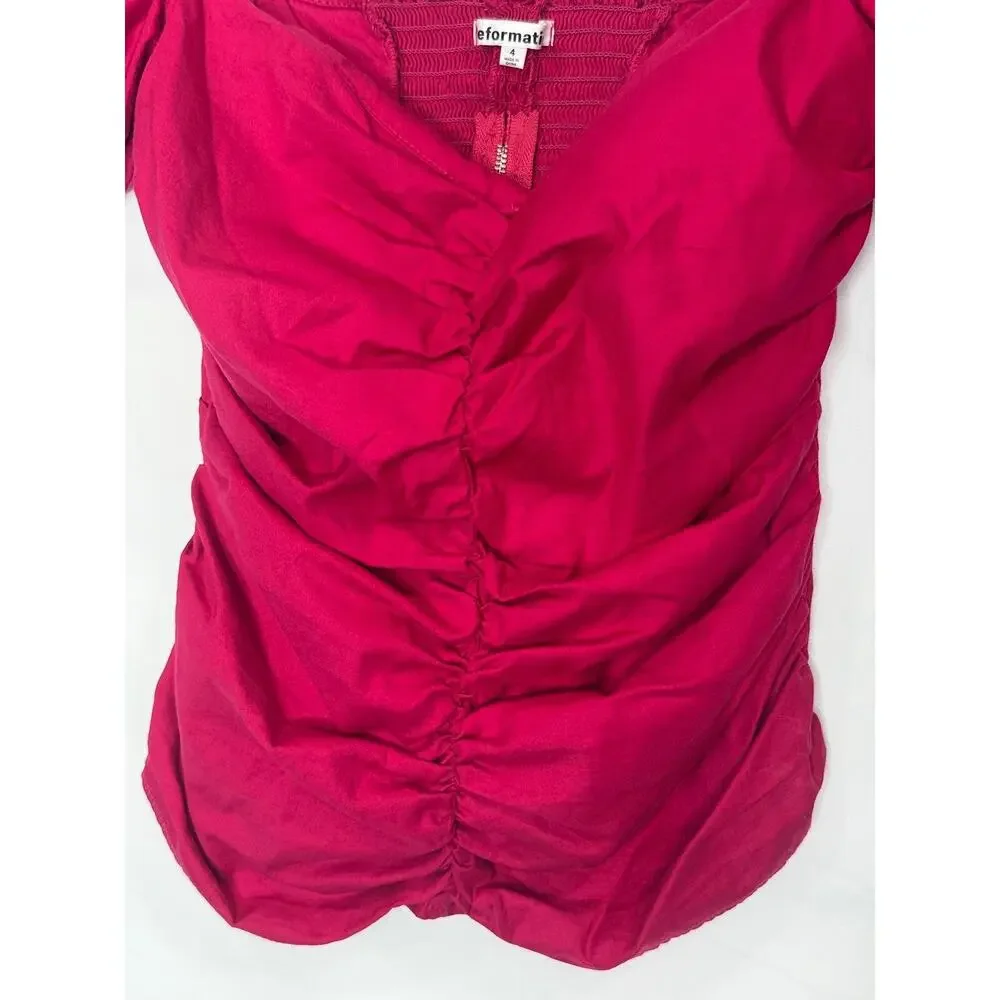 Reformation Women's 4 Magenta Puff Sleeve Ruched Top Sweetheart Smocked Cotton